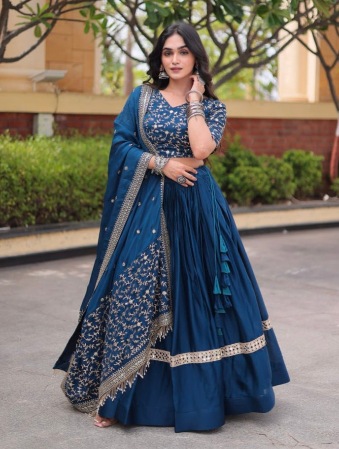 Blue Pure Glory Satin Embroidery Zari Sequins Work Navratri Lehenga Choli