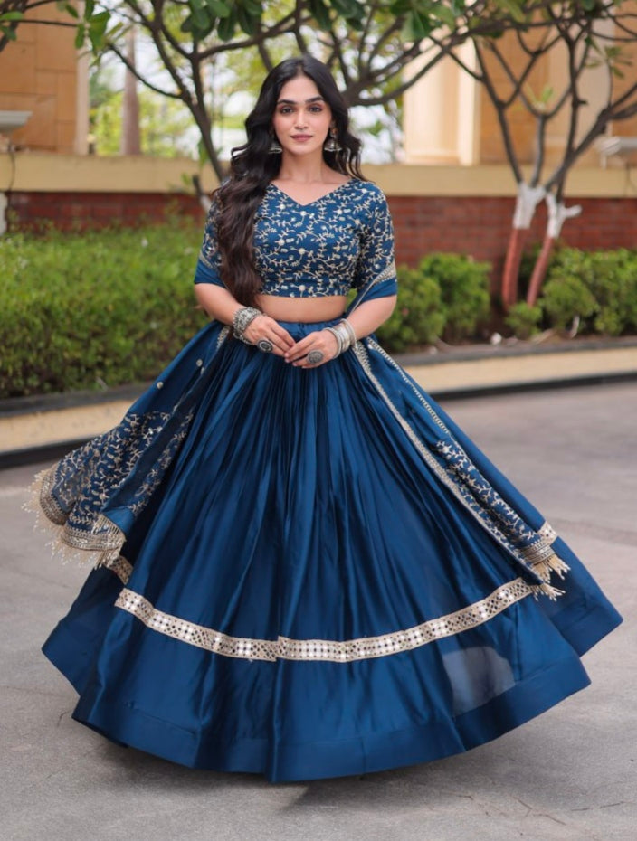 Blue Pure Glory Satin Embroidery Zari Sequins Work Navratri Lehenga Choli
