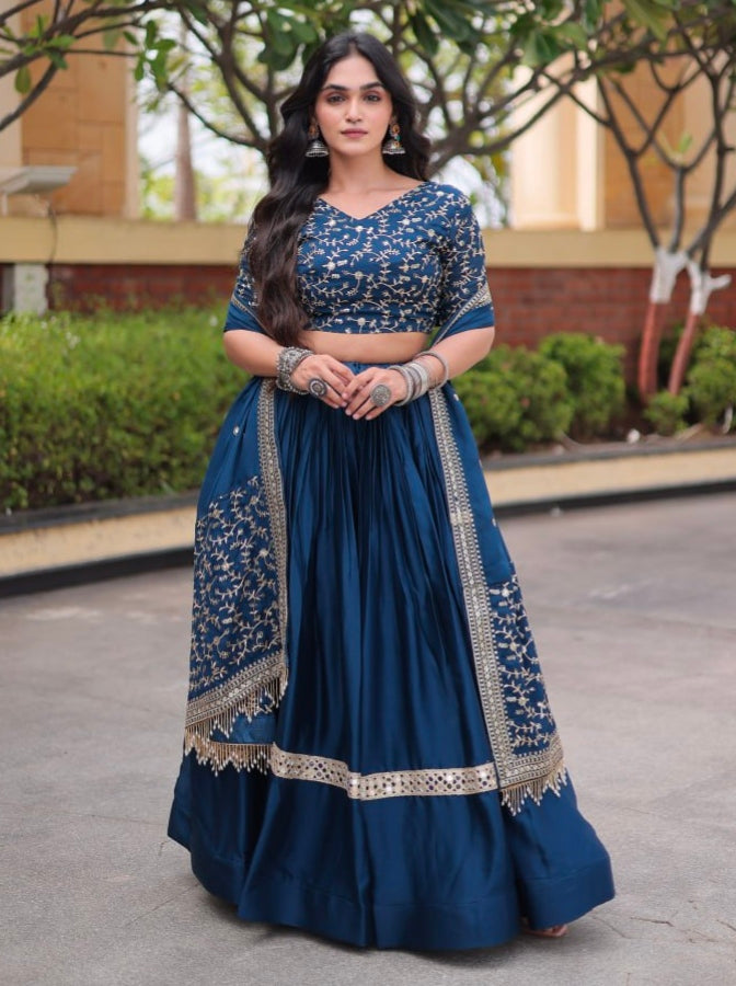 Blue Pure Glory Satin Embroidery Zari Sequins Work Navratri Lehenga Choli