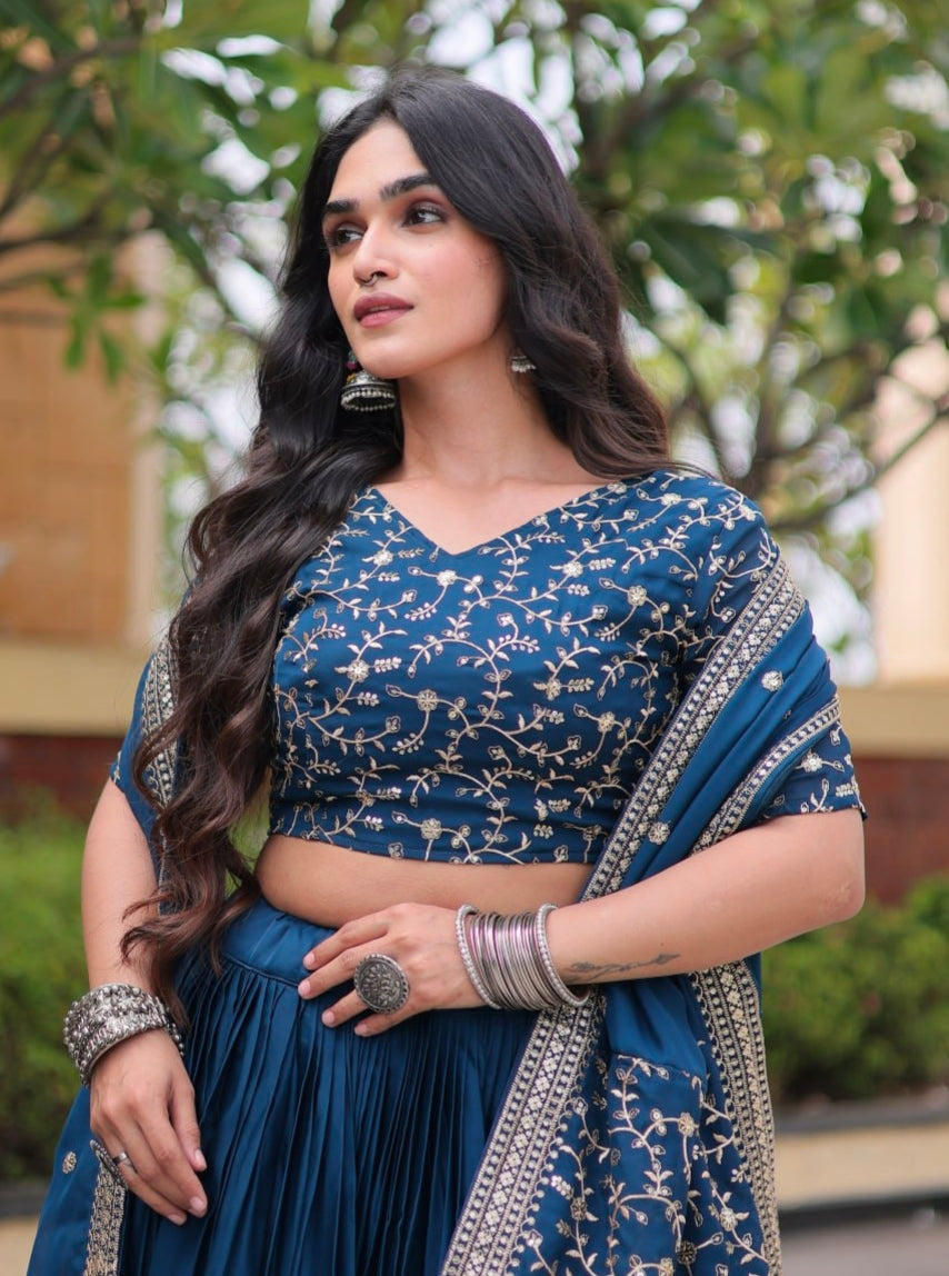 Blue Pure Glory Satin Embroidery Zari Sequins Work Navratri Lehenga Choli