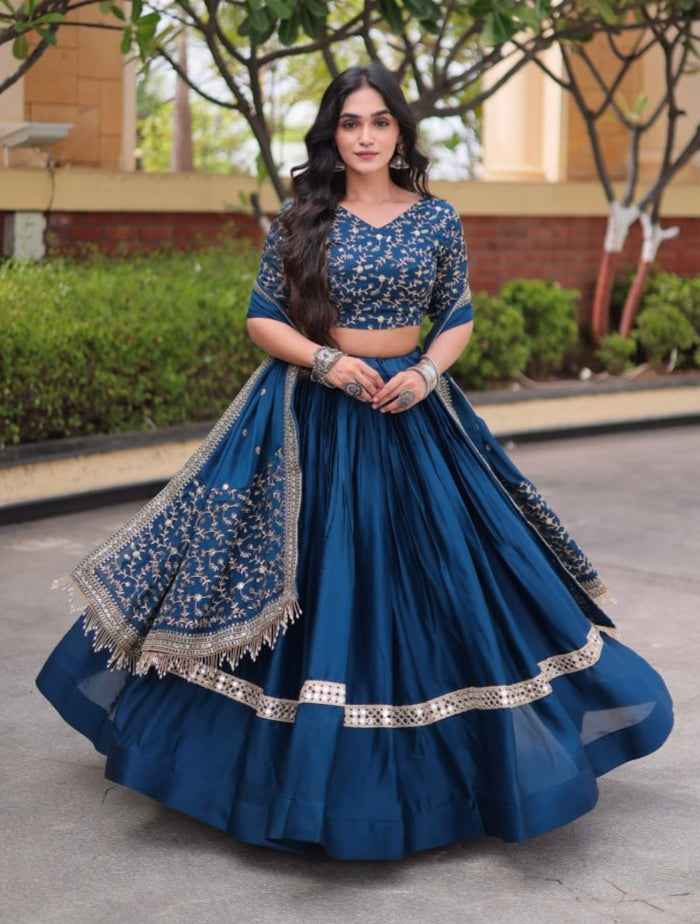 Blue Pure Glory Satin Embroidery Zari Sequins Work Navratri Lehenga Choli