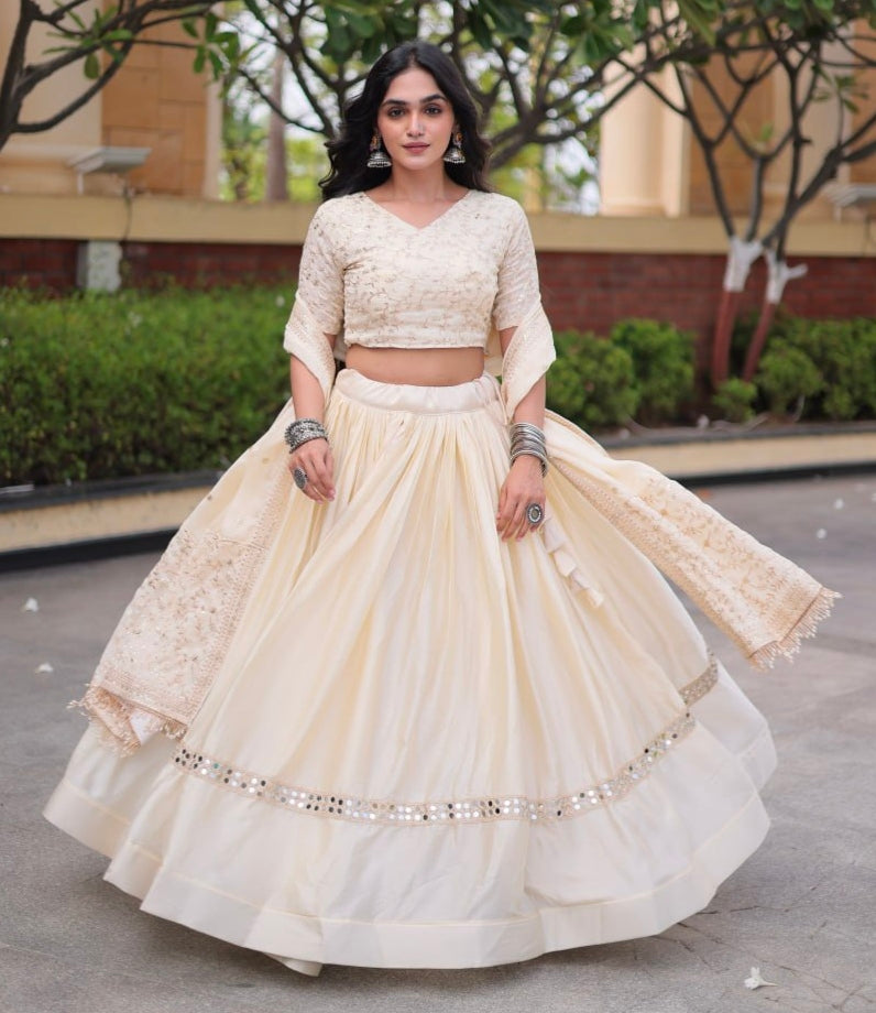 White Pure Glory Satin Embroidery Zari Sequins Work Navratri Lehenga Choli