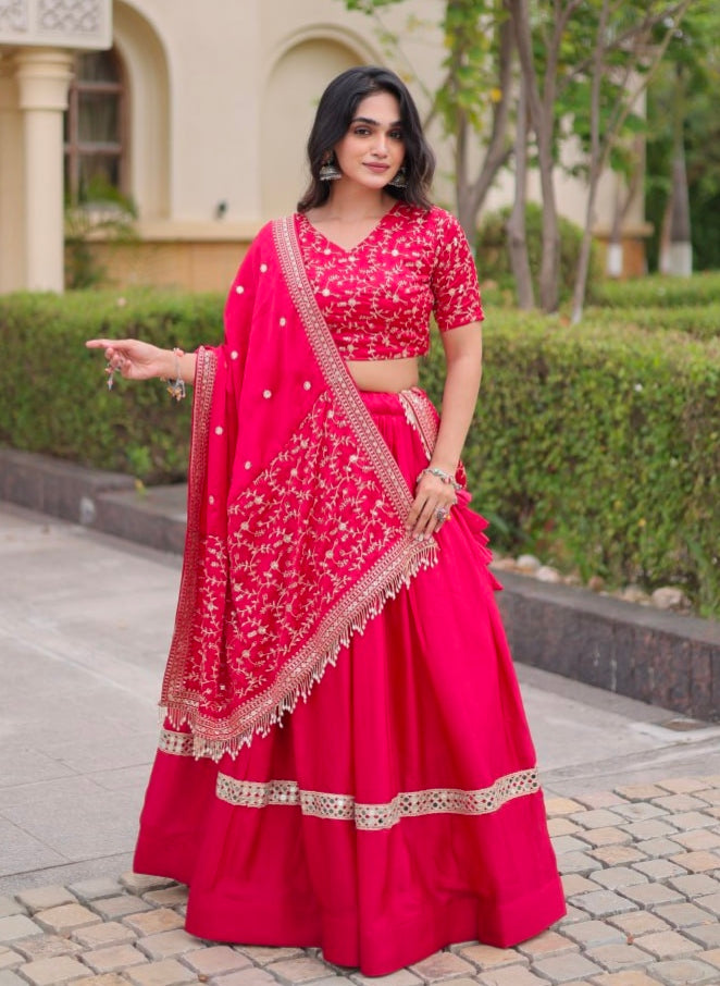 Red Pure Glory Satin Embroidery Zari Sequins Work Navratri Lehenga Choli
