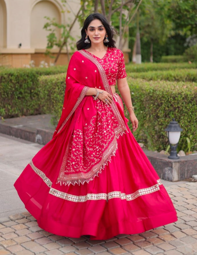 Red Pure Glory Satin Embroidery Zari Sequins Work Navratri Lehenga Choli