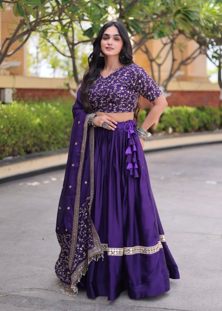 Purple Pure Glory Satin Embroidery Zari Sequins Work Navratri Lehenga Choli