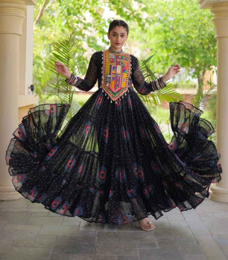 Black Pure Faux Georgette Bandhani Print Kutchi Patchwork Anarkali Long Gown