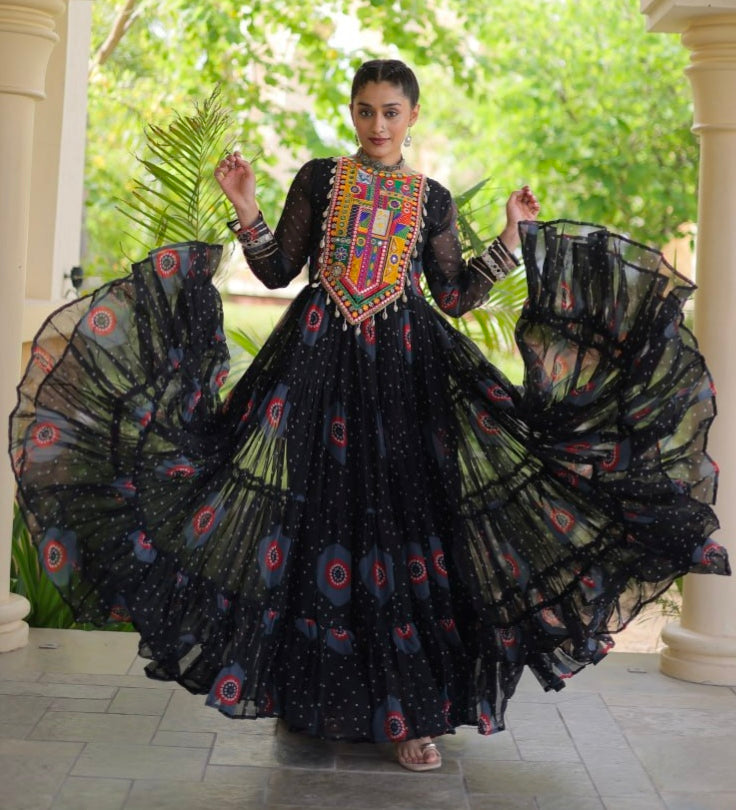 Black Pure Faux Georgette Bandhani Print Kutchi Patchwork Anarkali Long Gown