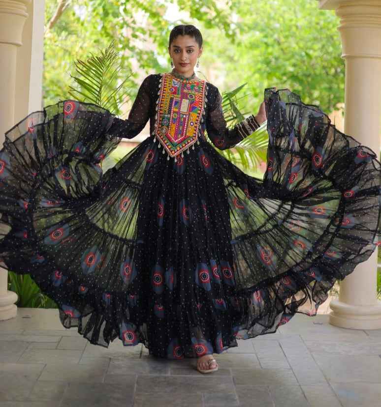 Black Pure Faux Georgette Bandhani Print Kutchi Patchwork Anarkali Long Gown