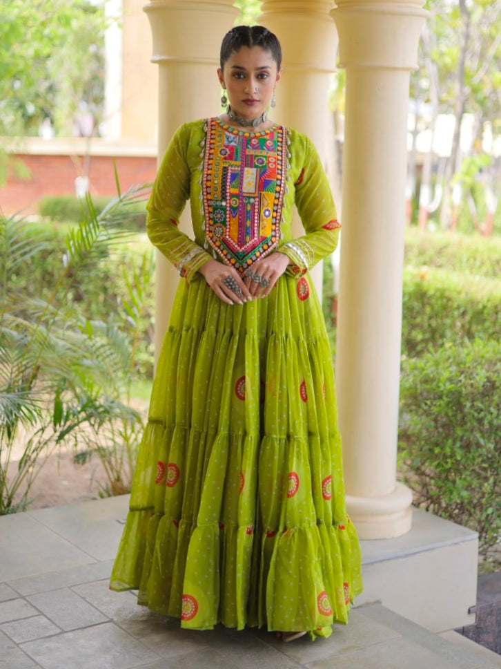 Parrot Pure Faux Georgette Bandhani Print Kutchi Patchwork Anarkali Long Gown