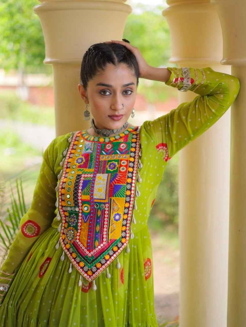 Parrot Pure Faux Georgette Bandhani Print Kutchi Patchwork Anarkali Long Gown