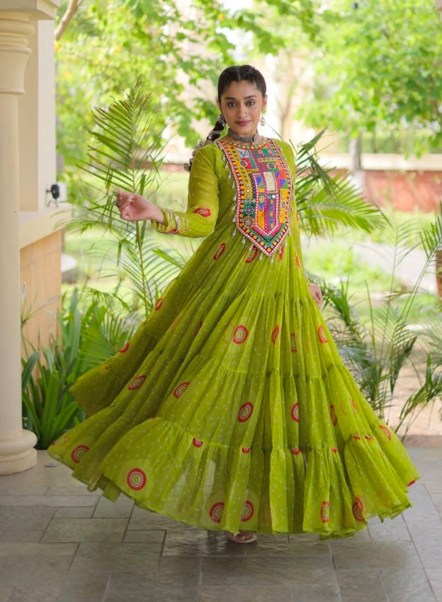 Parrot Pure Faux Georgette Bandhani Print Kutchi Patchwork Anarkali Long Gown