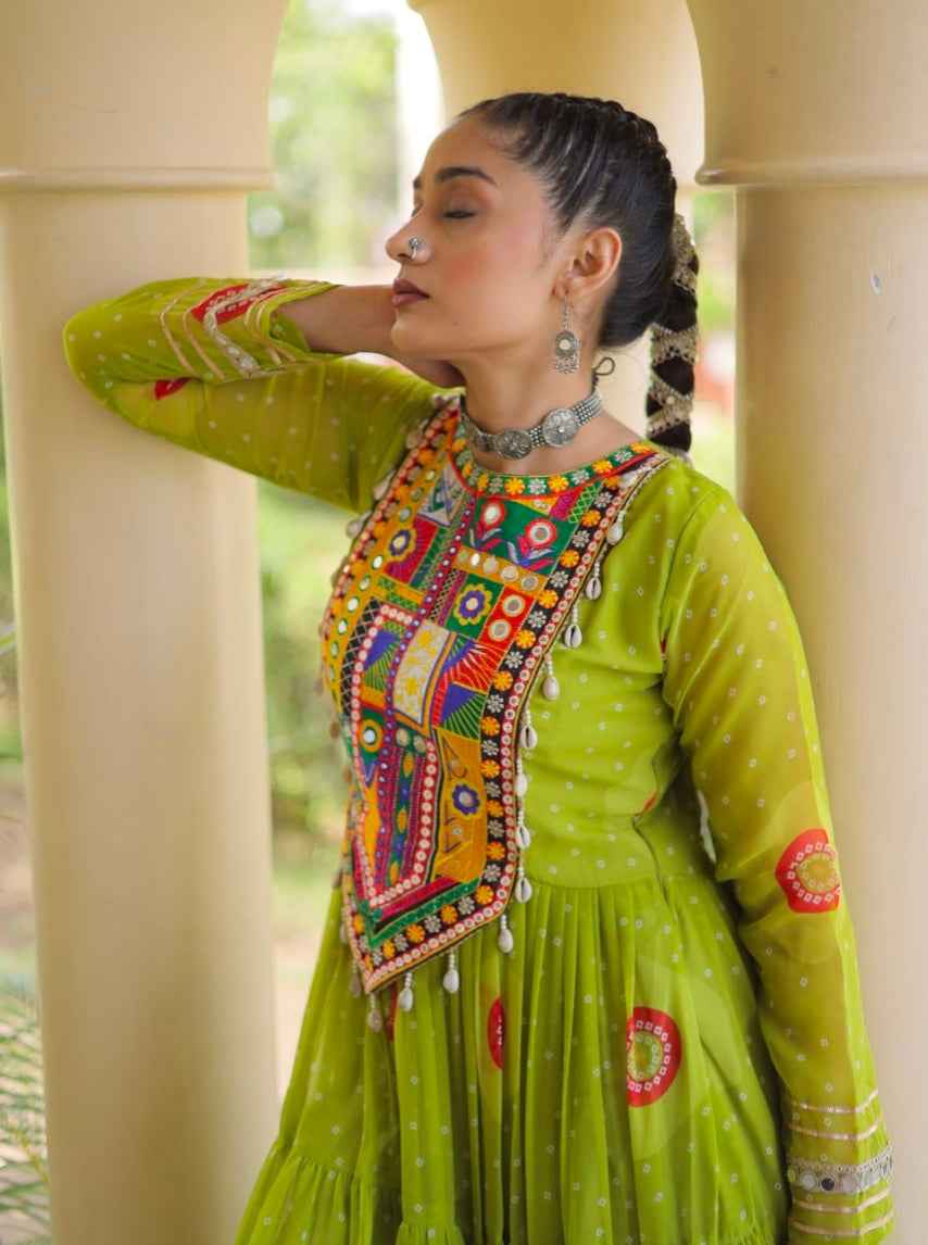 Parrot Pure Faux Georgette Bandhani Print Kutchi Patchwork Anarkali Long Gown