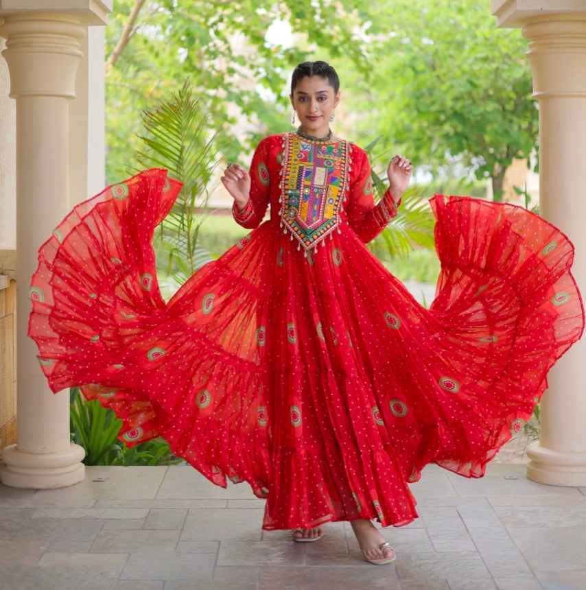Red Pure Faux Georgette Bandhani Print Kutchi Patchwork Anarkali Long Gown
