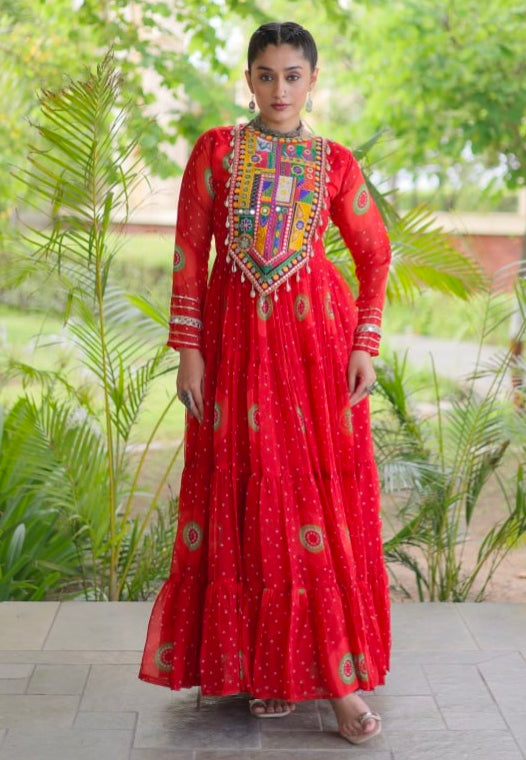 Red Pure Faux Georgette Bandhani Print Kutchi Patchwork Anarkali Long Gown