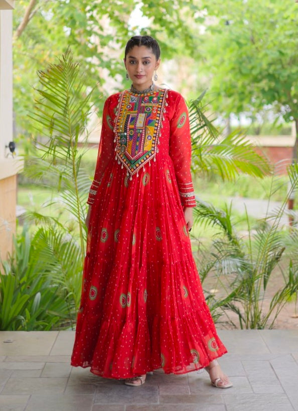 Red Pure Faux Georgette Bandhani Print Kutchi Patchwork Anarkali Long Gown