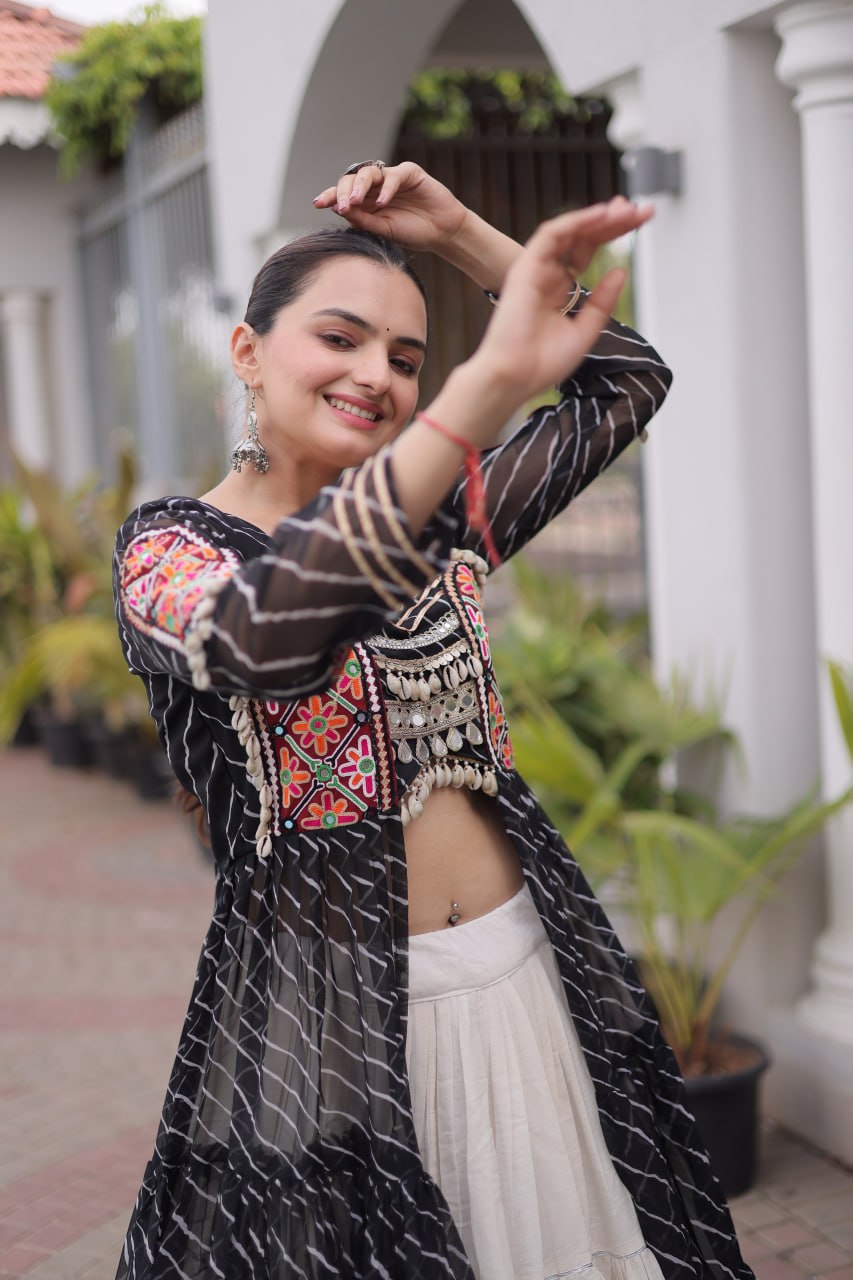 Black Pure Georgette Lahariya Print kutchi Patchework Navratri Lehenga Choli