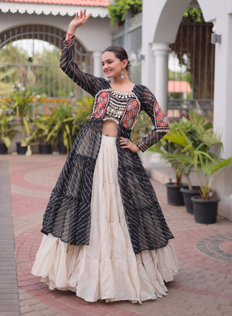 Black Pure Georgette Lahariya Print kutchi Patchework Navratri Lehenga Choli