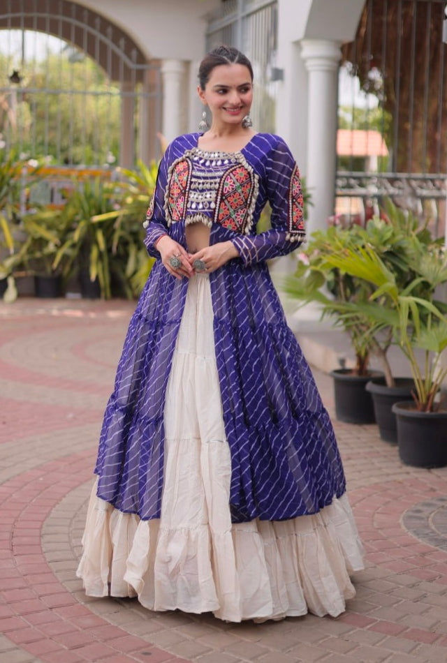 Blue Pure Georgette Lahariya Print kutchi Patchwork Navratri Lehenga Choli