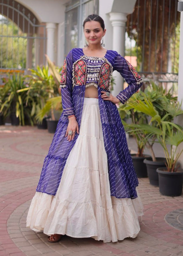 Blue Pure Georgette Lahariya Print kutchi Patchwork Navratri Lehenga Choli