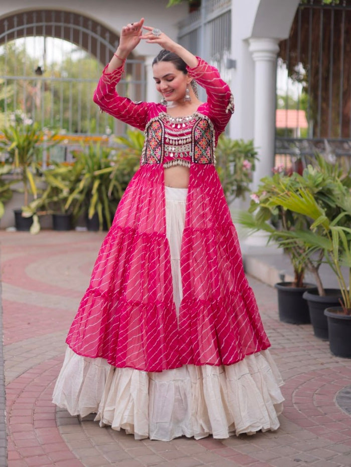 Pink Pure Georgette Lahariya Print kutchi Patchwork Navratri Lehenga Choli
