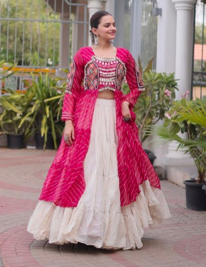 Pink Pure Georgette Lahariya Print kutchi Patchwork Navratri Lehenga Choli