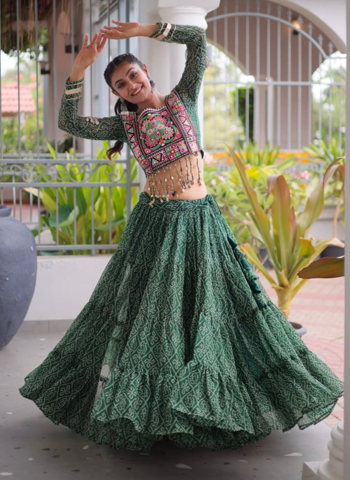 Green Pure Georgette Bandhni Print Kutchi Patchwork Navratri Lehenga Choli