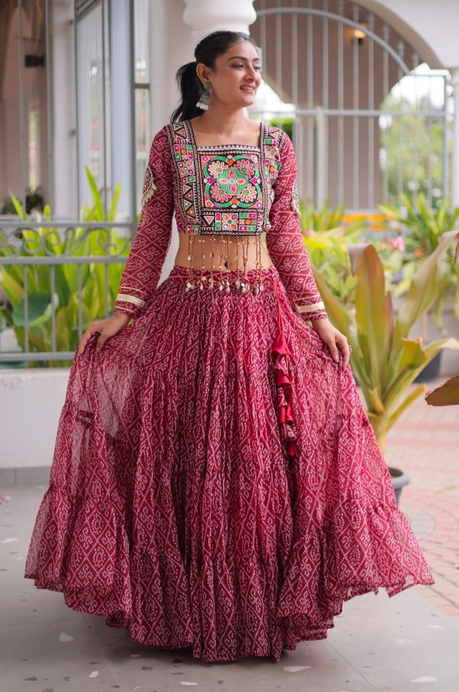 Maroon Pure Georgette Bandhni Print Kutchi Patchwork Navratri Lehenga Choli
