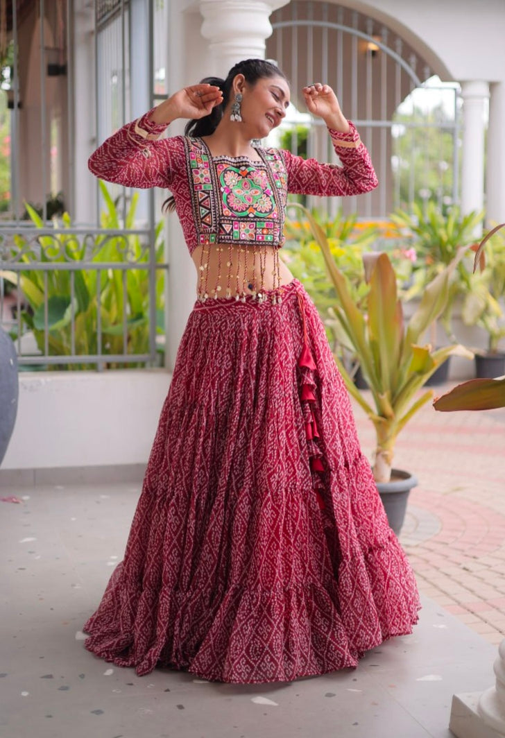 Maroon Pure Georgette Bandhni Print Kutchi Patchwork Navratri Lehenga Choli