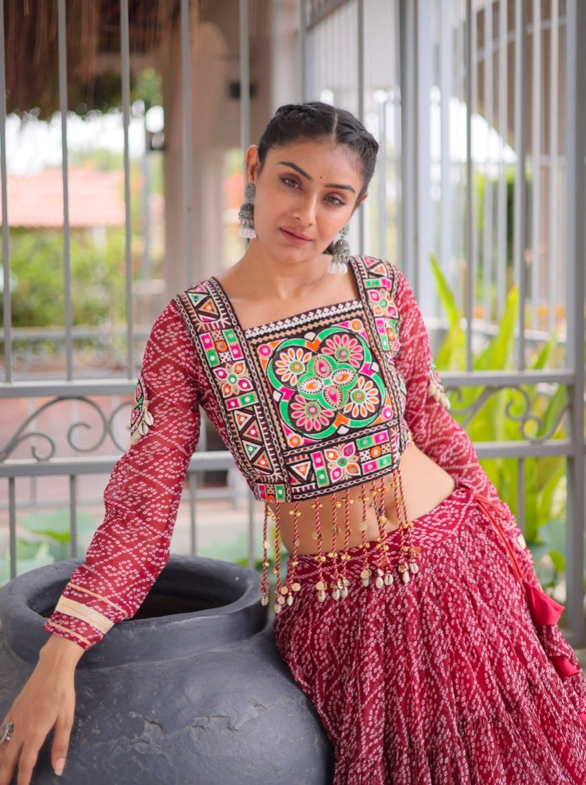 Maroon Pure Georgette Bandhni Print Kutchi Patchwork Navratri Lehenga Choli