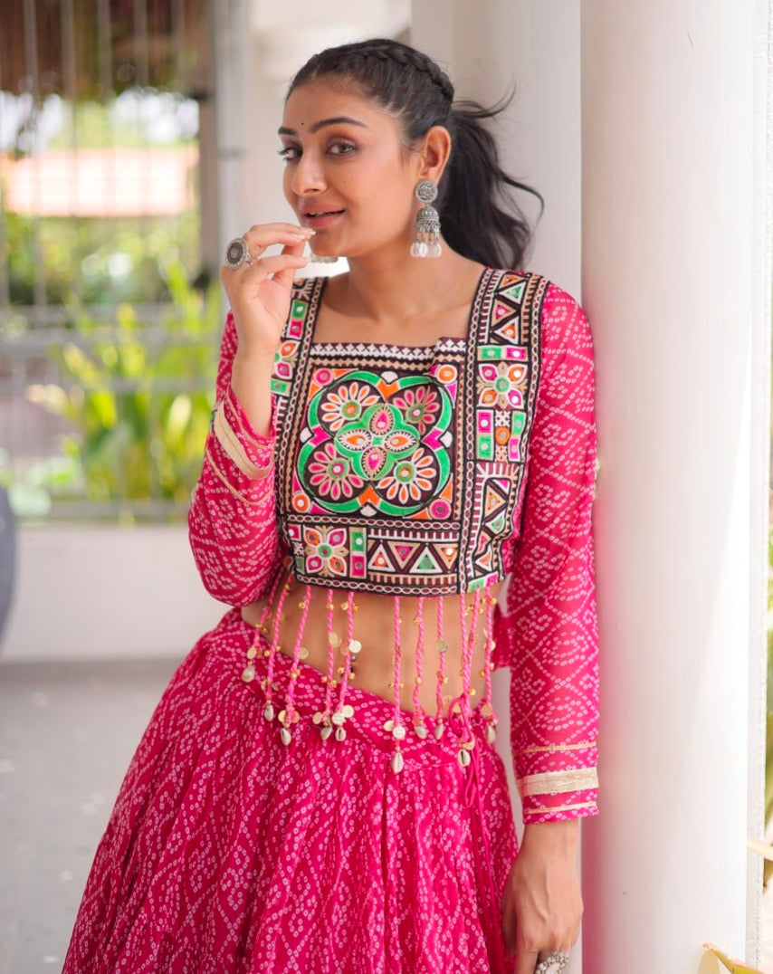 Pink Pure Georgette Bandhni Print Kutchi Patchwork Navratri Lehenga Choli