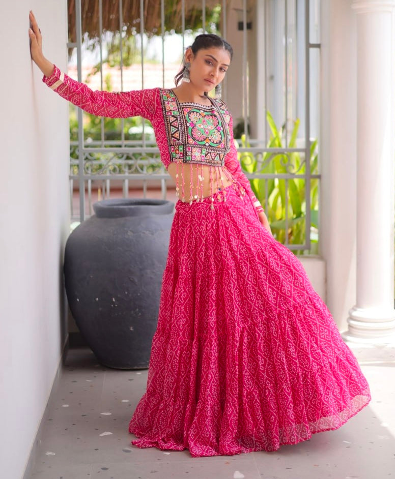 Pink Pure Georgette Bandhni Print Kutchi Patchwork Navratri Lehenga Choli