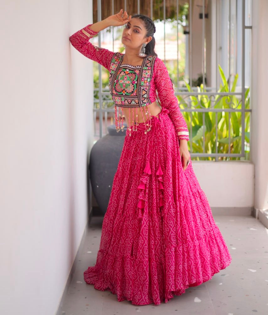 Pink Pure Georgette Bandhni Print Kutchi Patchwork Navratri Lehenga Choli