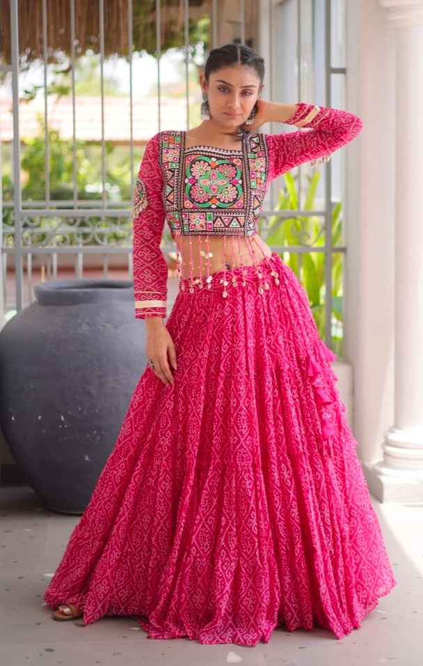 Pink Pure Georgette Bandhni Print Kutchi Patchwork Navratri Lehenga Choli