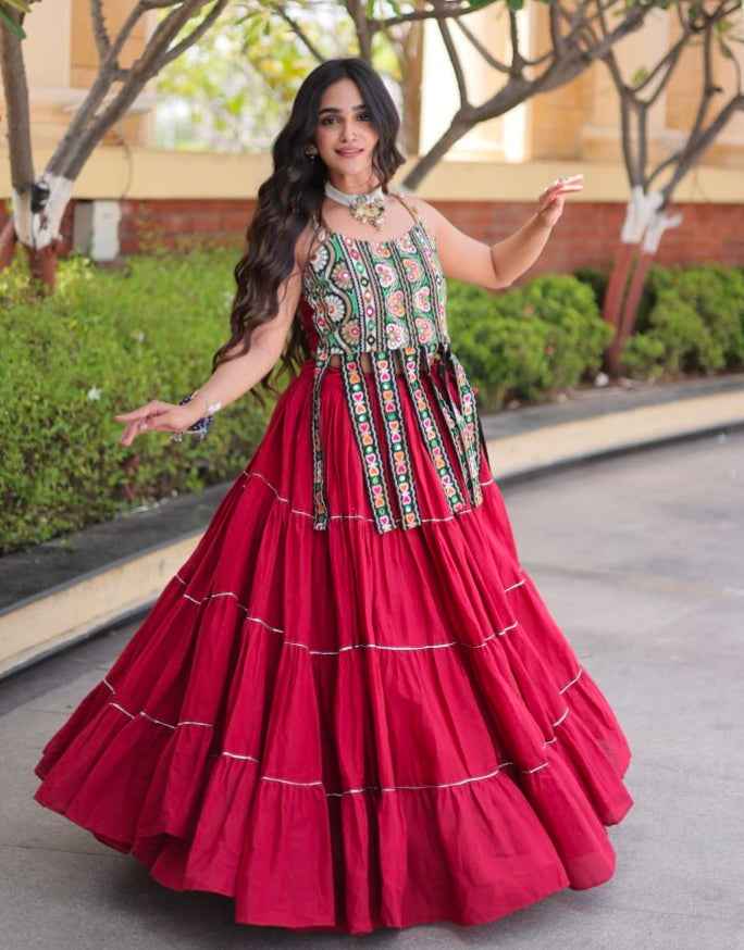 Red Pure Kora Cotton Kutchi Patchwork Navratri Lehenga Choli