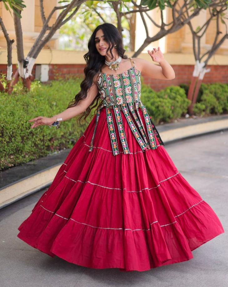 Red Pure Kora Cotton Kutchi Patchwork Navratri Lehenga Choli
