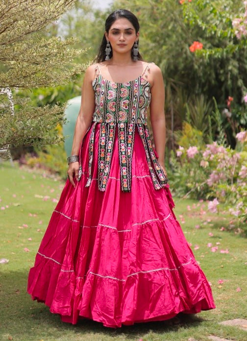 Pink Pure Kora Cotton Kutchi Patchwork Navratri Lehenga Choli