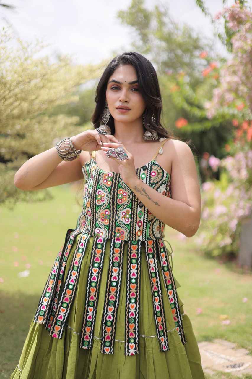 Green Pure Kora Cotton Kutchi Patchwork Navratri Lehenga Choli