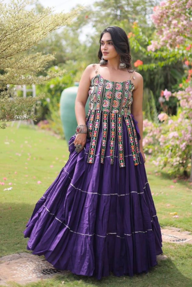 Purple Pure Kora Cotton Kutchi Patchwork Navratri Lehenga Choli