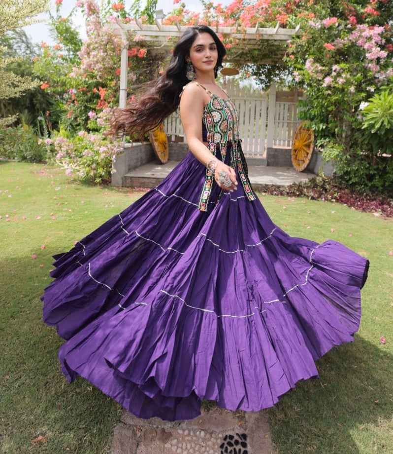 Purple Pure Kora Cotton Kutchi Patchwork Navratri Lehenga Choli