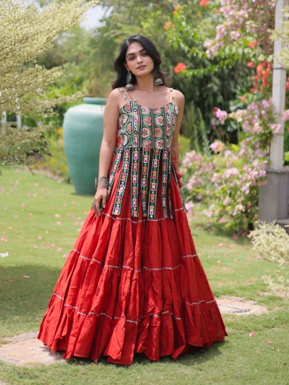 Rust Pure Kora Cotton Kutchi Patchwork Navratri Lehenga Choli