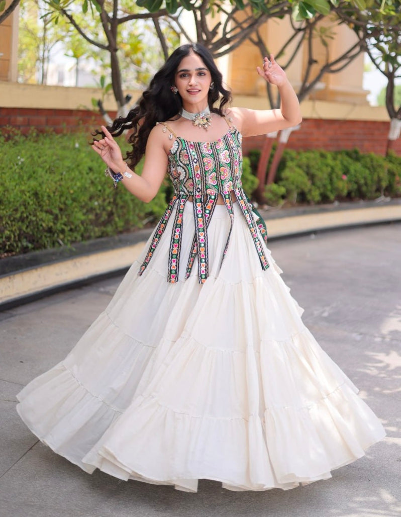 White Pure Kora Cotton Kutchi Patchwork Navratri Lehenga Choli