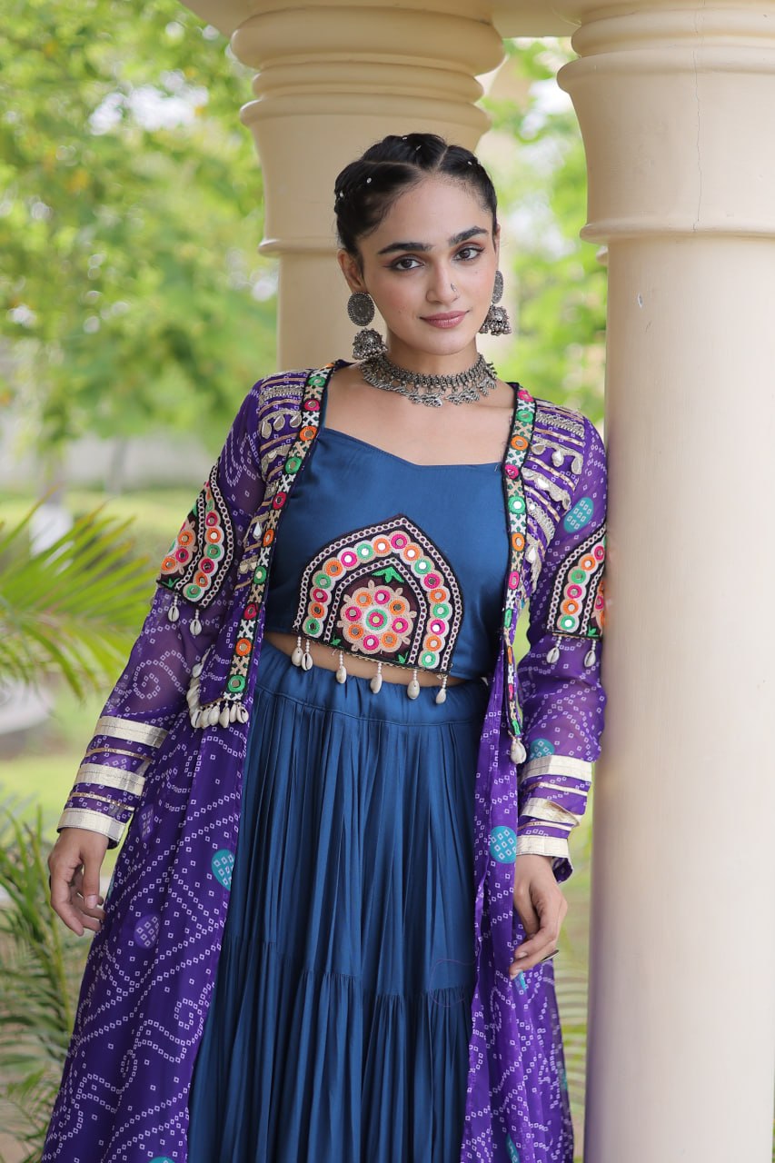 Blue Pure Georgette Bandhani Print Kutchi Patchwork Navratri Lehenga Choli With Koti