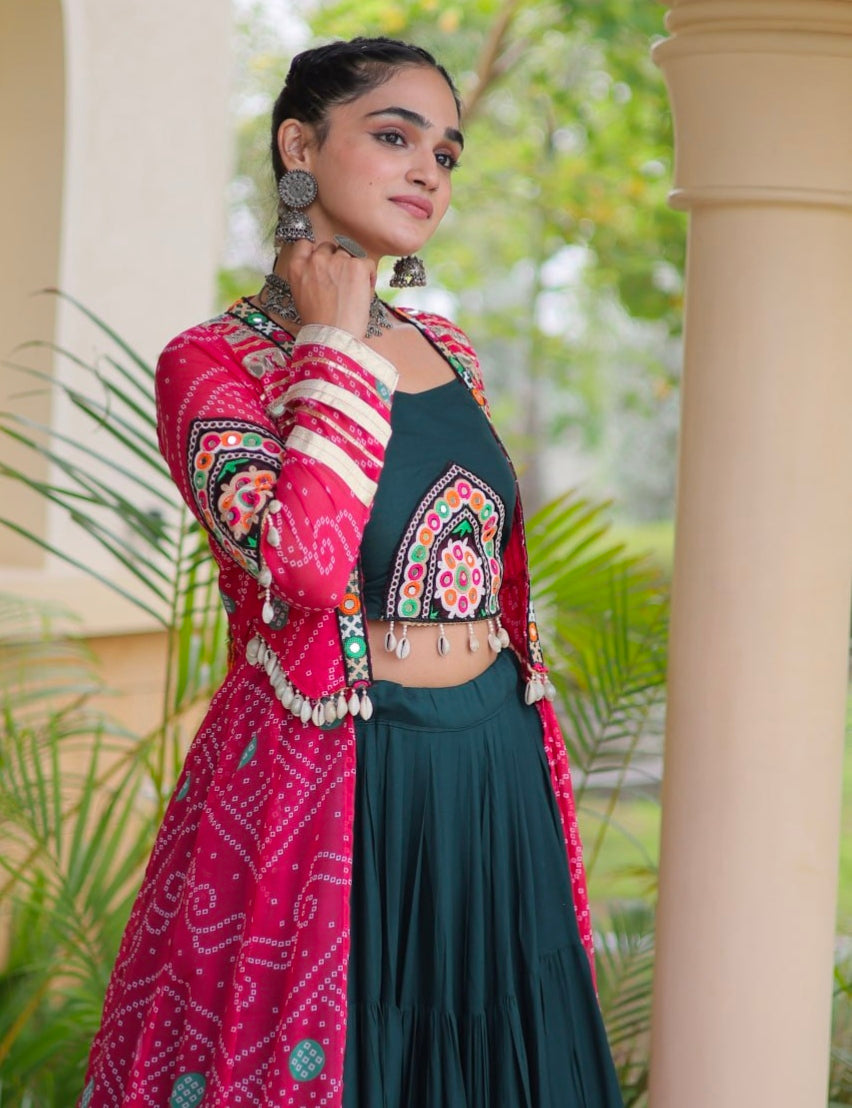 Green Pure Georgette Bandhani Print Kutchi Patchwork Navratri Lehenga Choli With Koti