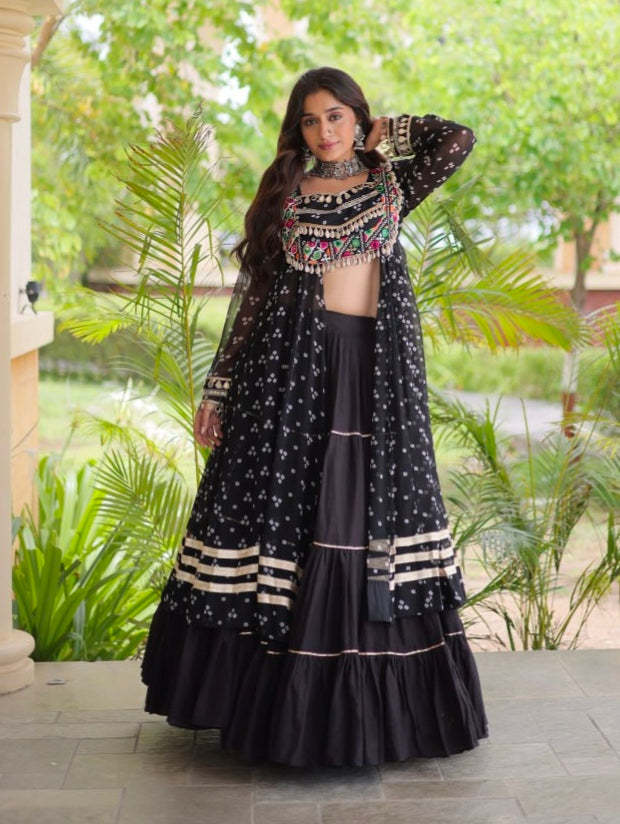 Black Pure Georgette Bandhani Print Kutchi Patchwork Navratri Lehenga Choli With Koti