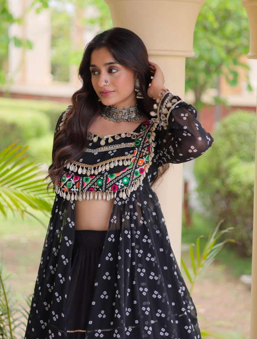 Black Pure Georgette Bandhani Print Kutchi Patchwork Navratri Lehenga Choli With Koti