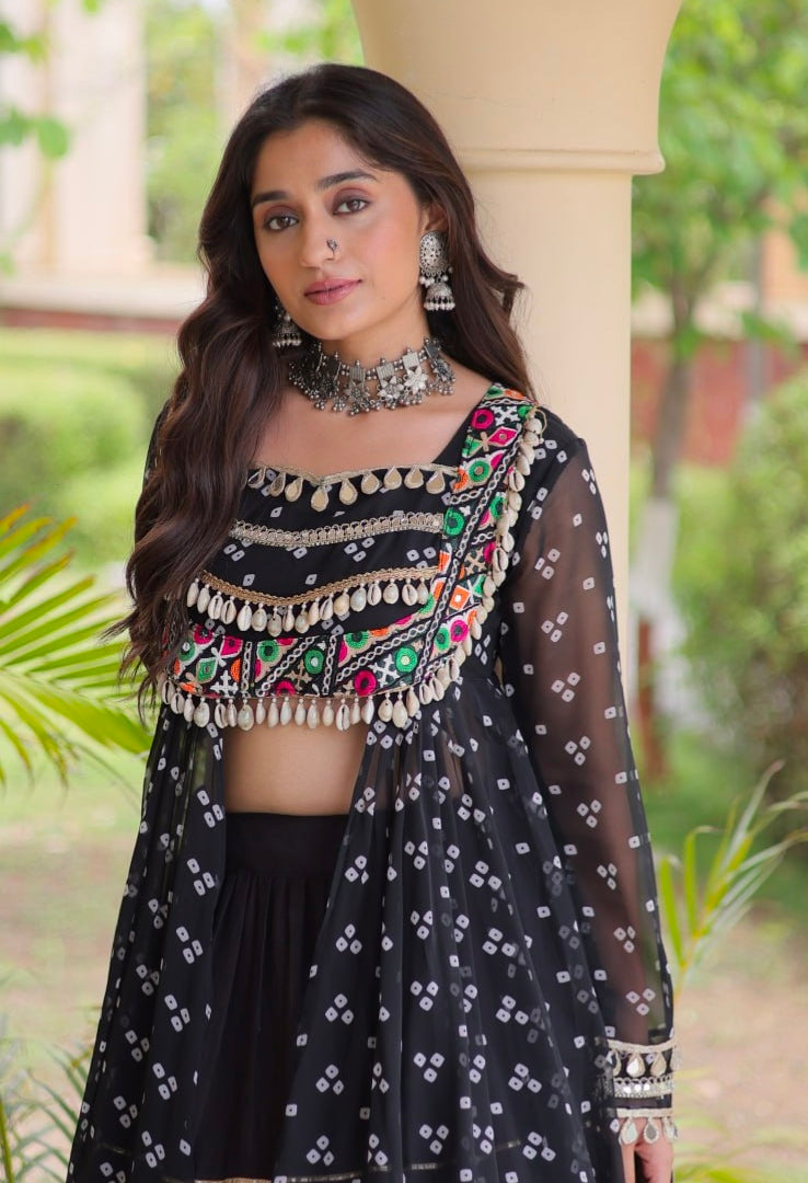 Black Pure Georgette Bandhani Print Kutchi Patchwork Navratri Lehenga Choli With Koti