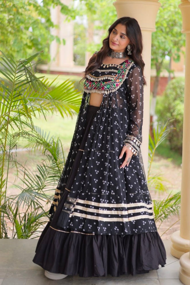 Black Pure Georgette Bandhani Print Kutchi Patchwork Navratri Lehenga Choli With Koti
