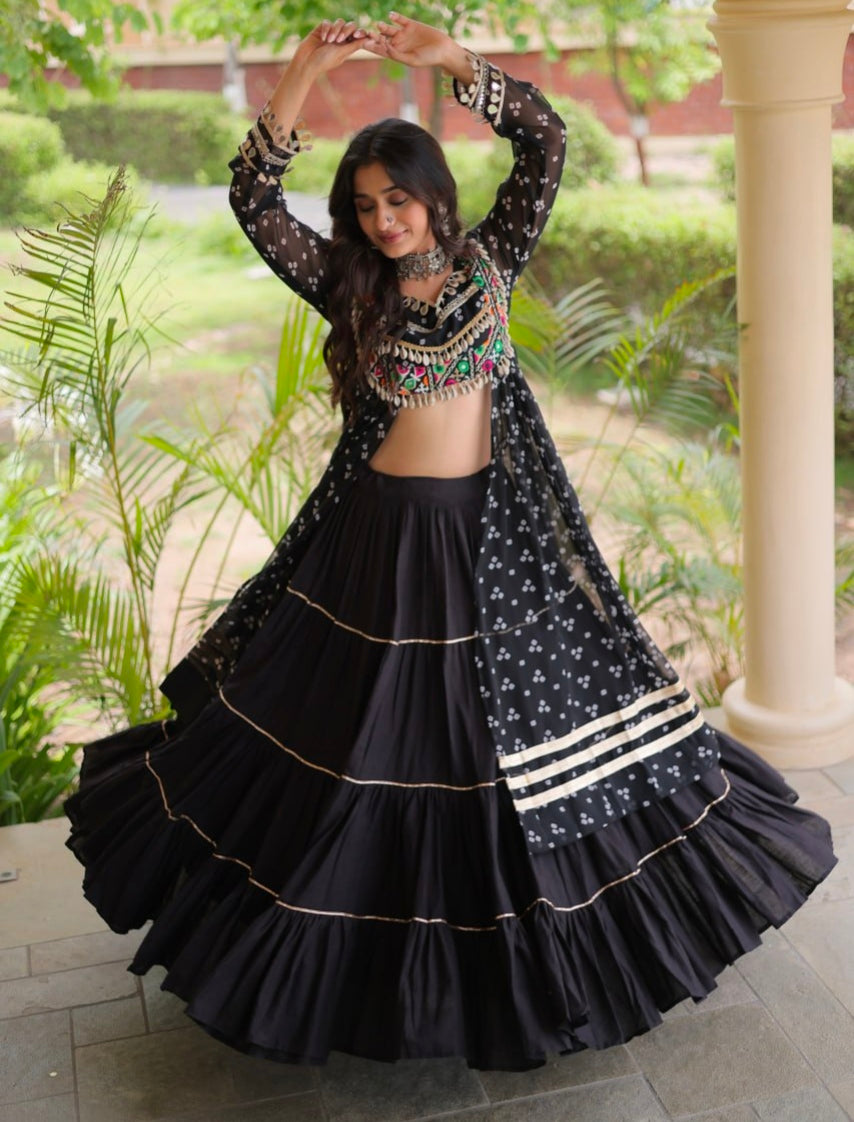 Black Pure Georgette Bandhani Print Kutchi Patchwork Navratri Lehenga Choli With Koti