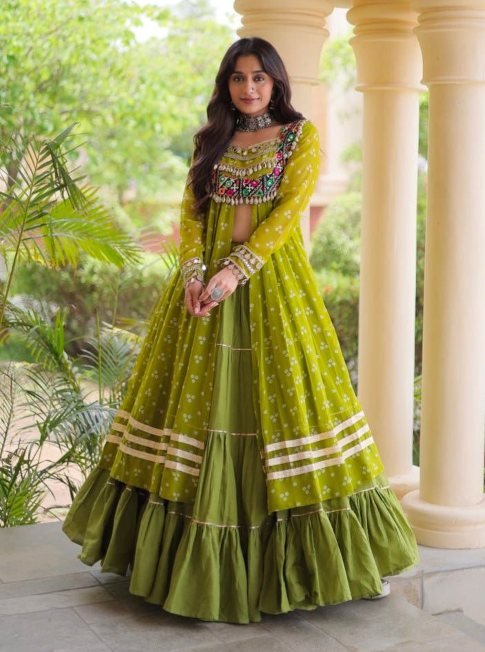 Parrot Pure Georgette Bandhani Print Kutchi Patchwork Navratri Lehenga Choli With Koti