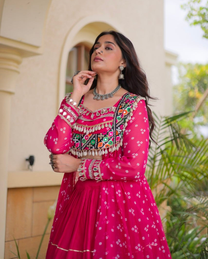 Red Pure Georgette Bandhani Print Kutchi Patchwork Navratri Lehenga Choli With Koti